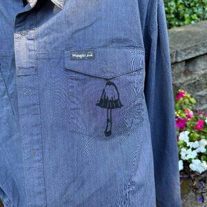 Hand Block Printed Mushroom Chambray Shirt | Wrangler Outdoor Button-Up 2XL🍄🟫